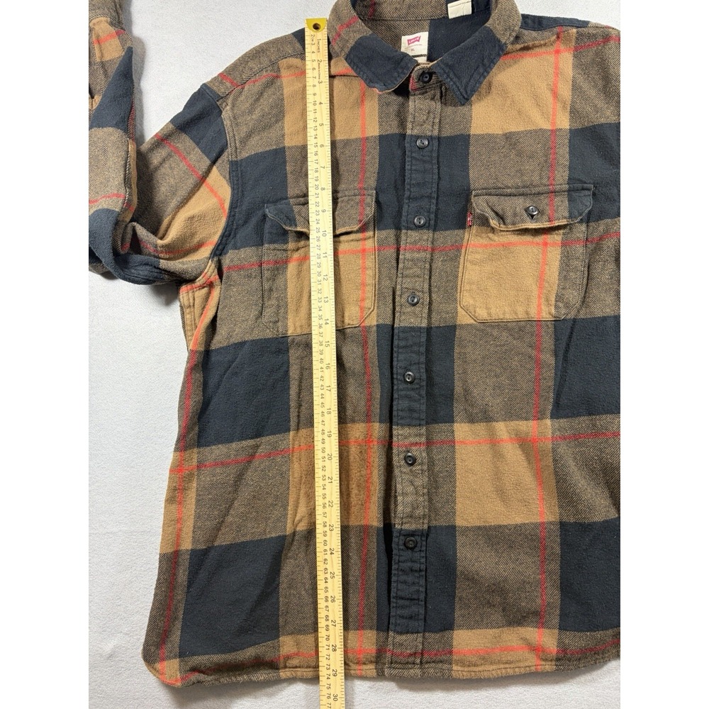 Levi's Plaid Flannel Shirt Jacket Tan Black Buffalo Check Cotton Fall Grunge - Picture 3 of 7